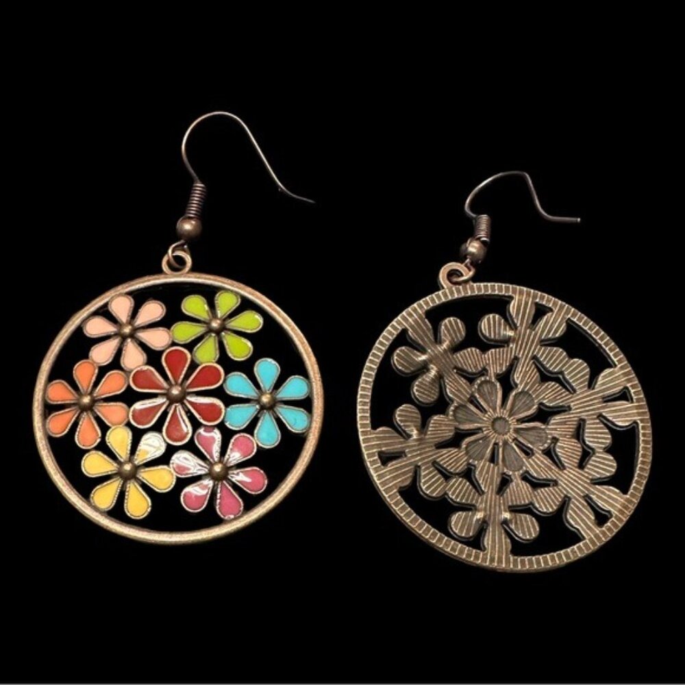 Colorful Floral Design Circle Drop Earrings With Bronze Tone Finish For Women Li - Picture 2 of 3